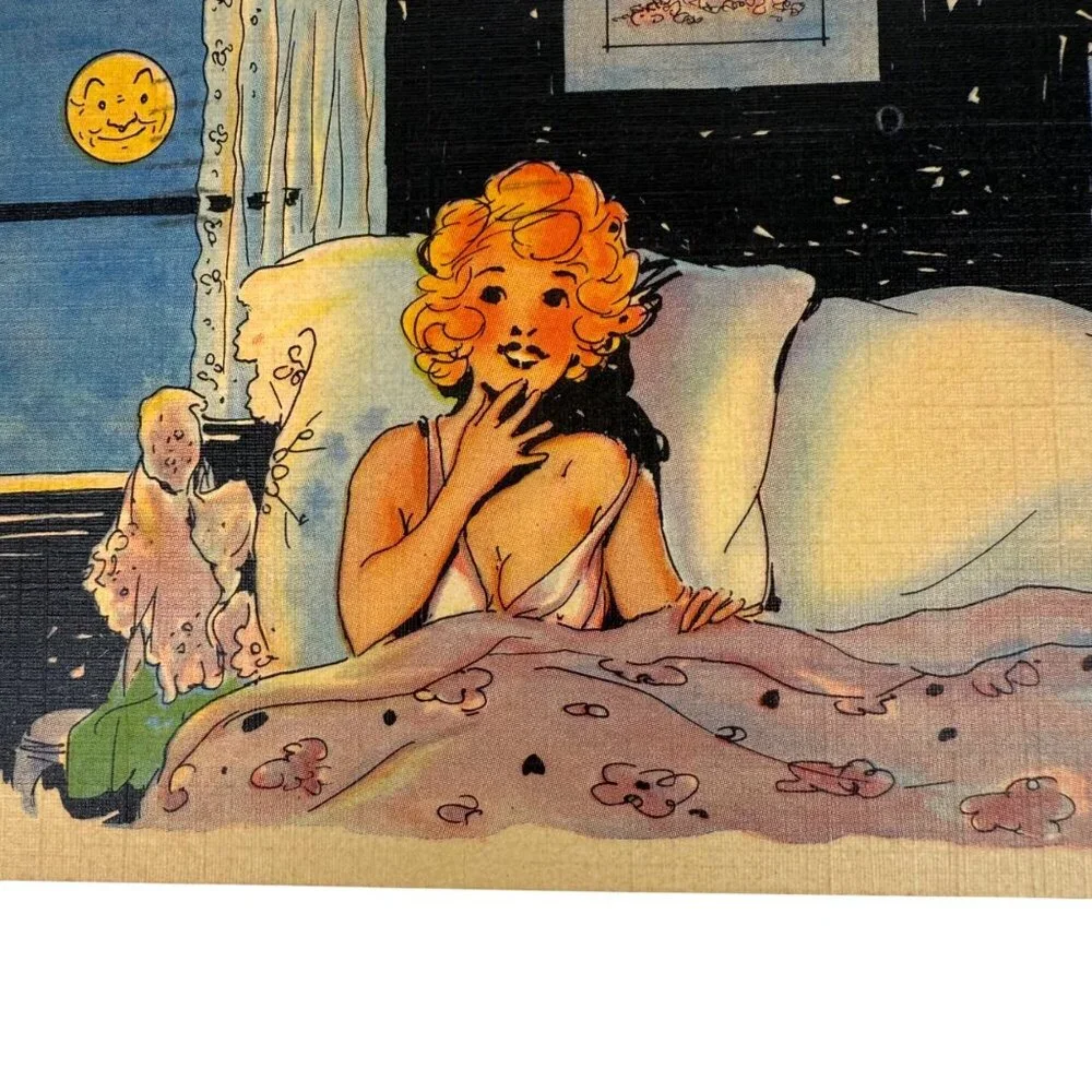 VTG 1940s Curteich Linen Postcard Gee I’m Thinking Of‎ You Woman In Bed Postmark